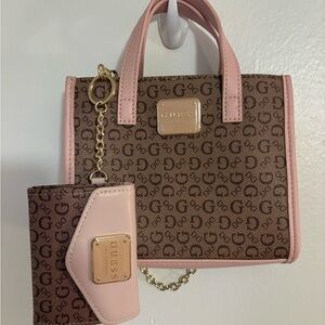 Guess Brown Monogram Mini Tote with Pink Trim